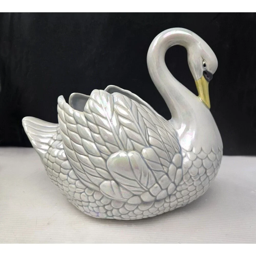 Vintage Holland Mold Swan Planter Pearlized Iridescent Luster Ceramic 11” 1974